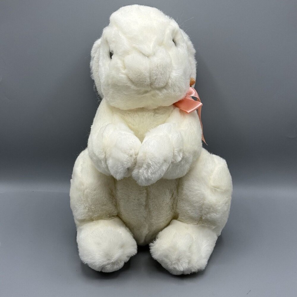 Vintage Commonwealth White Bunny Rabbit Plush 13" Gray Tipped Ears 1990 Bow
